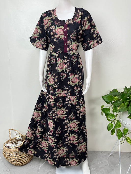 Black Floral Umbrella Style Cambric Cotton Nightgown