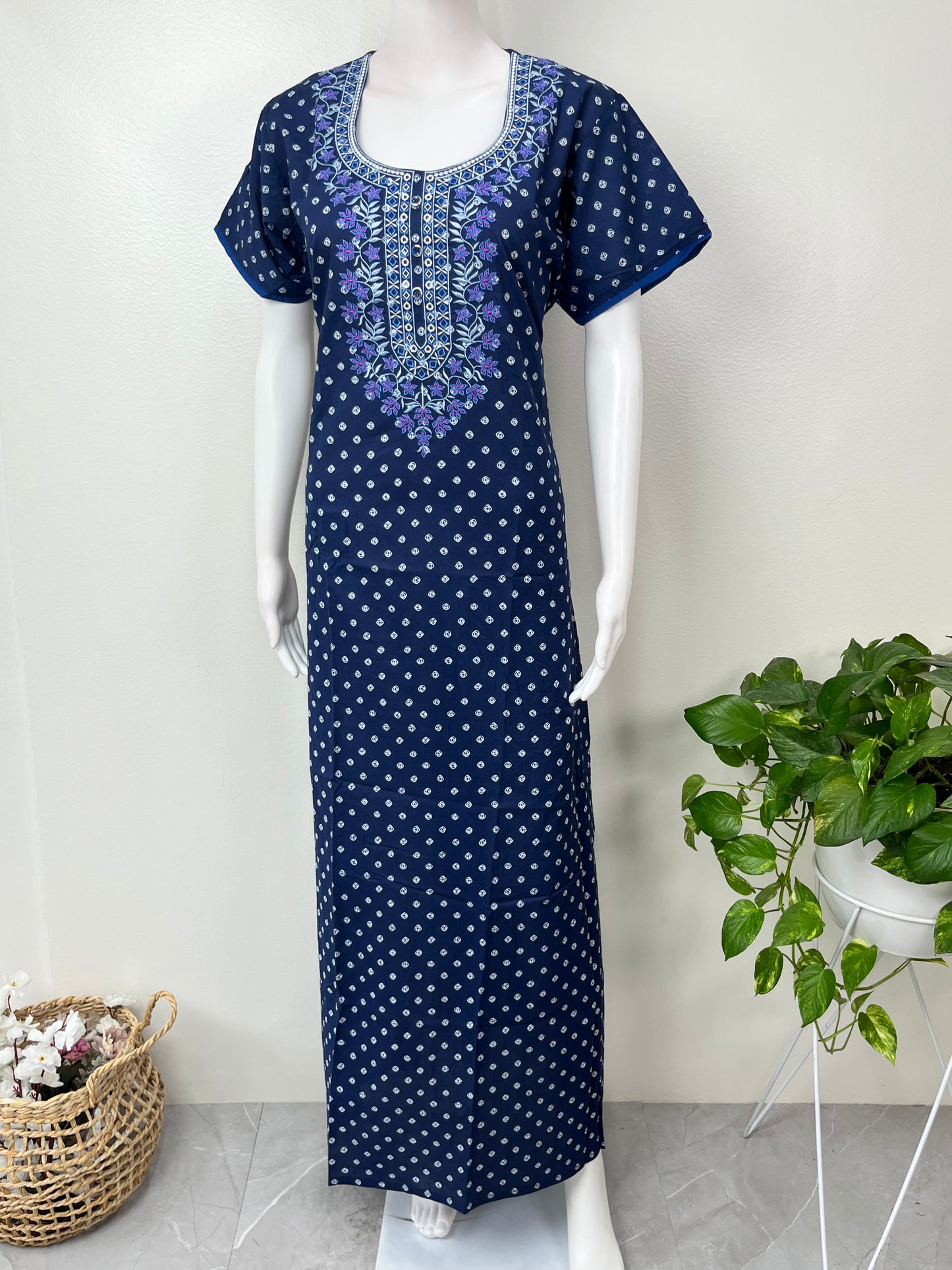 Navy Blue Classic Emrbroidered Cambric Cotton Nighty