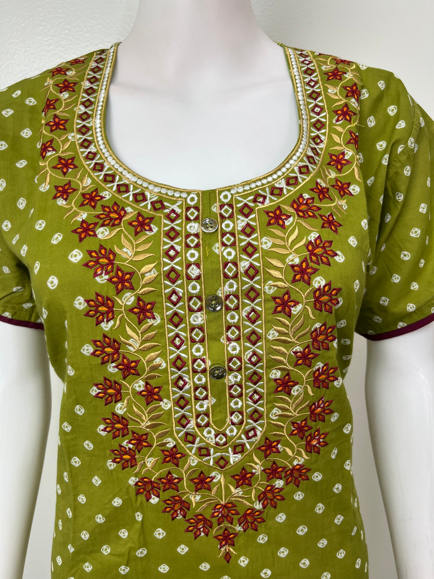 Green Cambric Cotton Embroidered Nighty for Women
