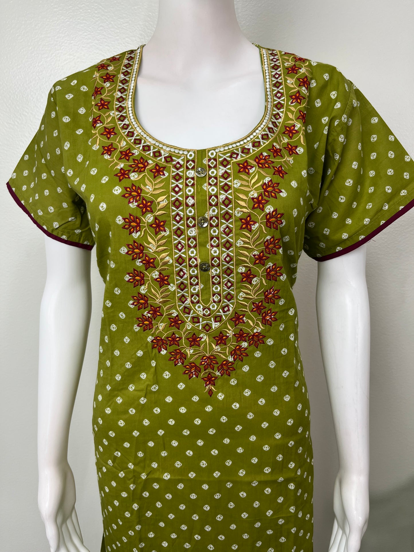 Green Cambric Cotton Embroidered Nighty for Women