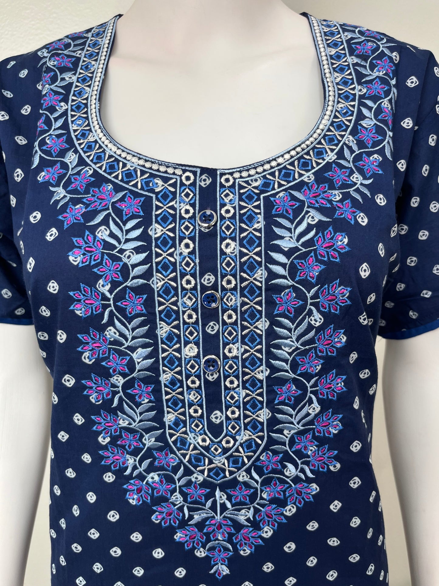 Navy Blue Classic Emrbroidered Cambric Cotton Nighty
