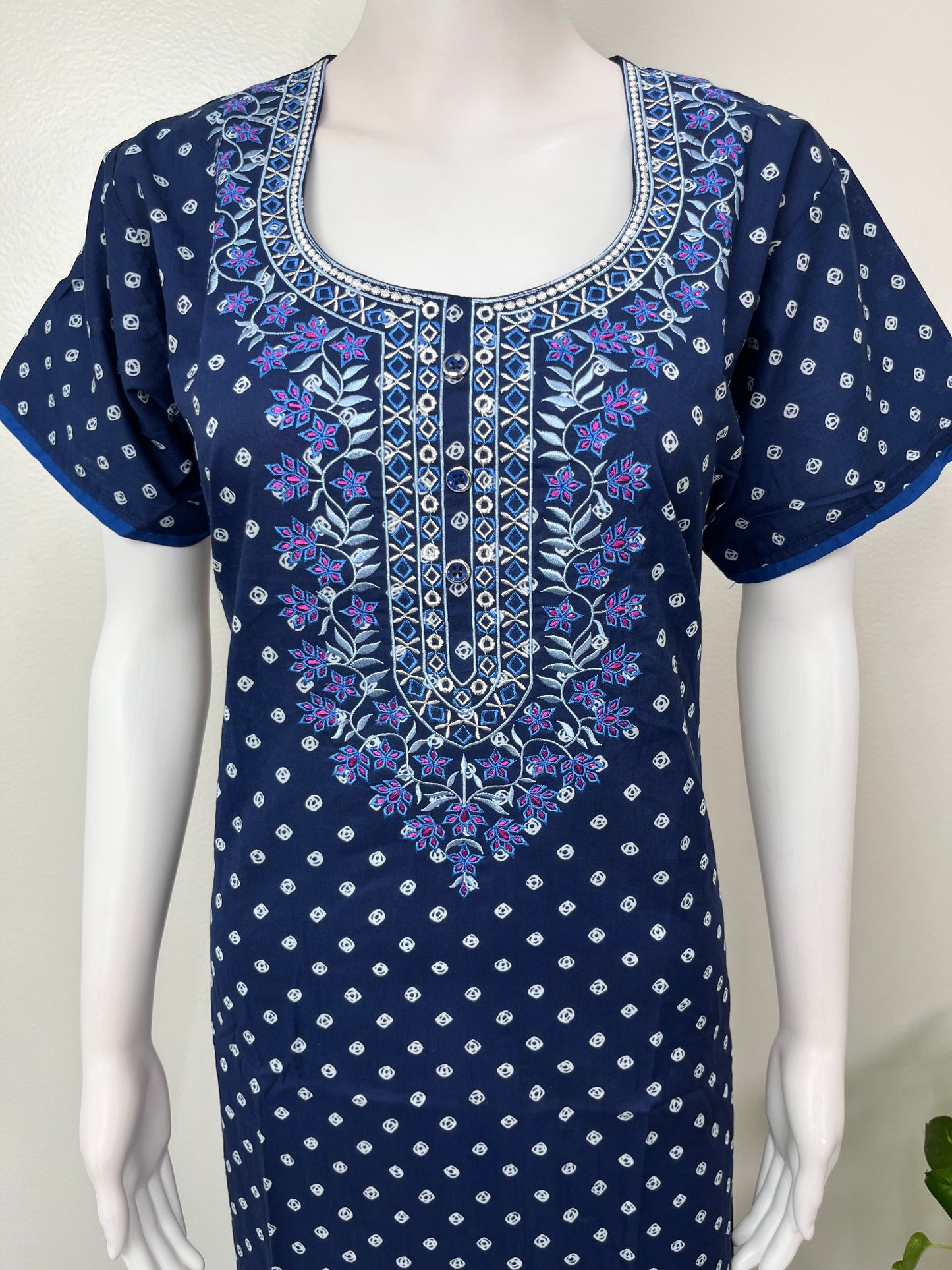 Navy Blue Classic Emrbroidered Cambric Cotton Nighty