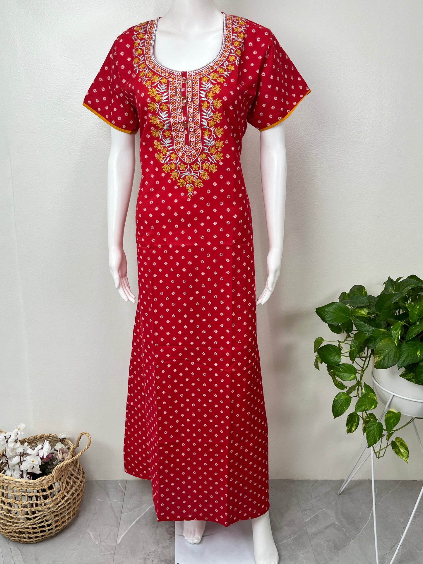 Red Cambric Cotton Nightgown Soft & Comfortable