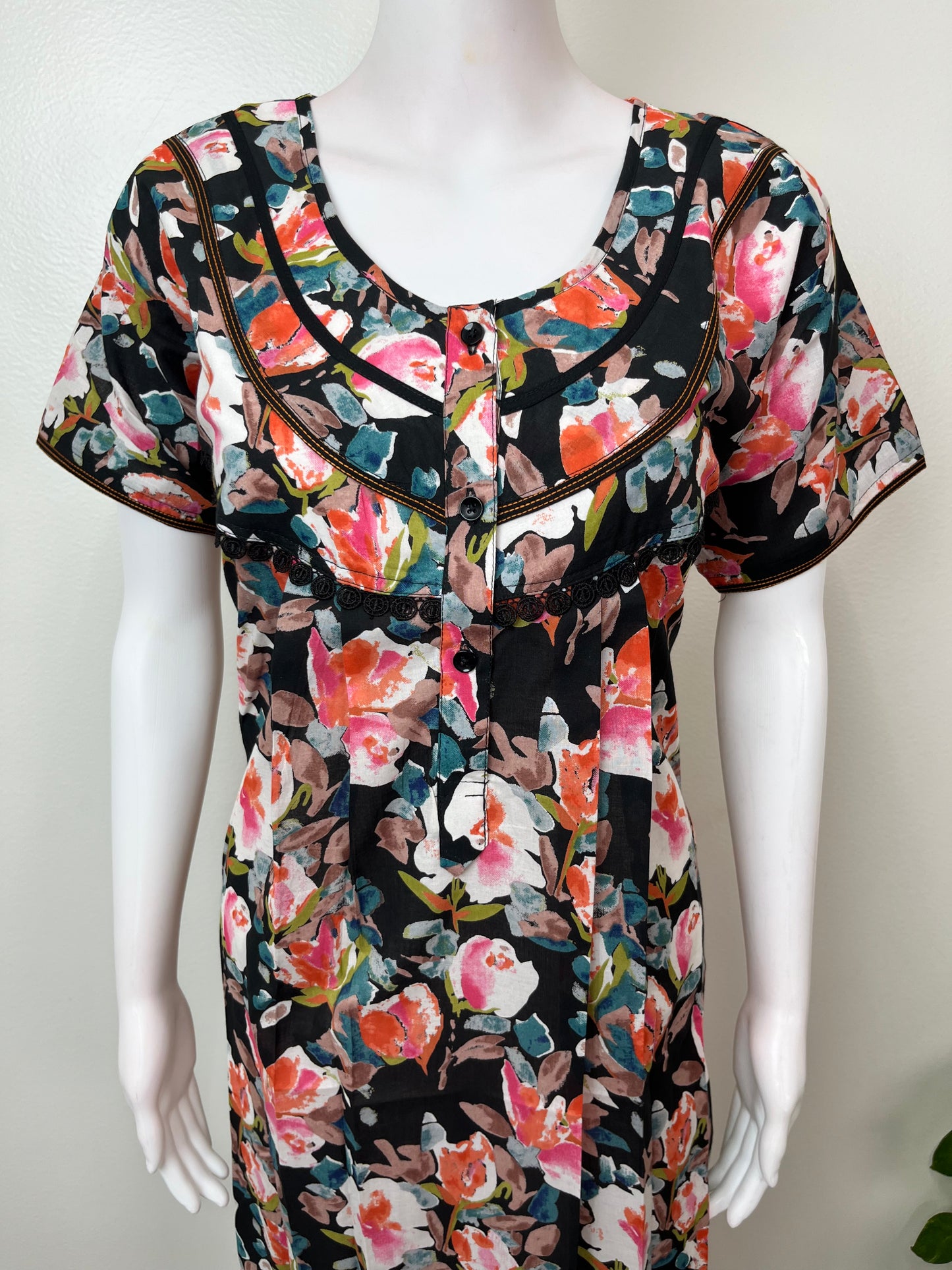 Black Floral Printed Cambric Cotton Women's Nighty