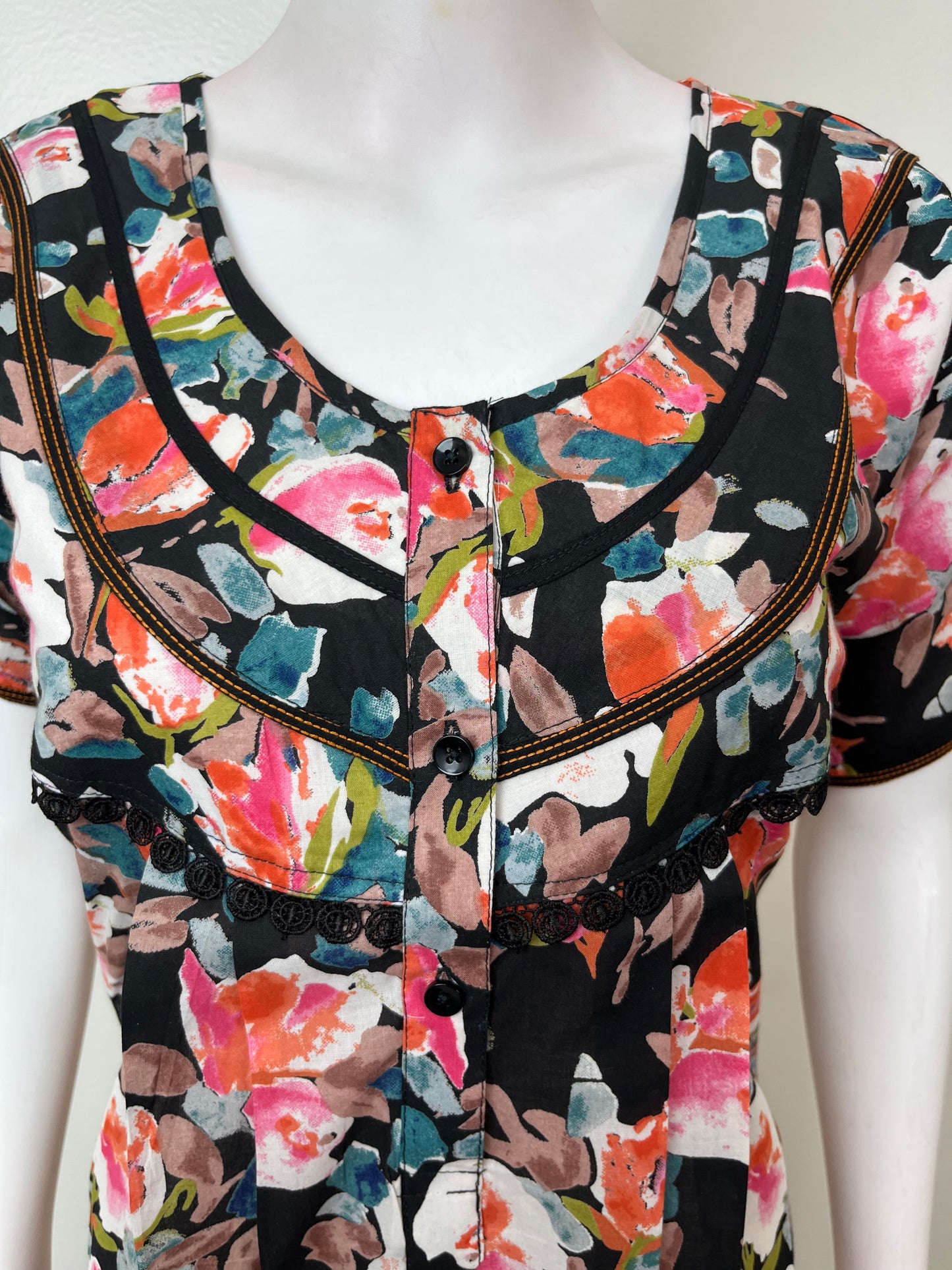 Black Floral Printed Cambric Cotton Women's Nighty