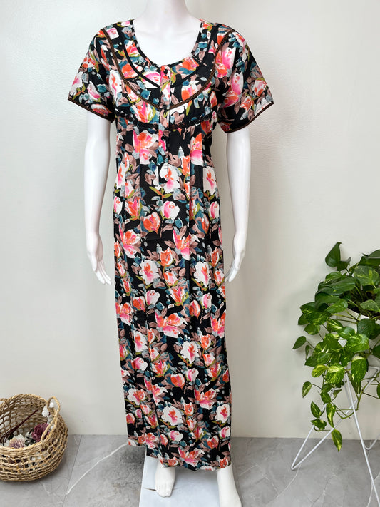 Black Floral Printed Cambric Cotton Women's Nighty
