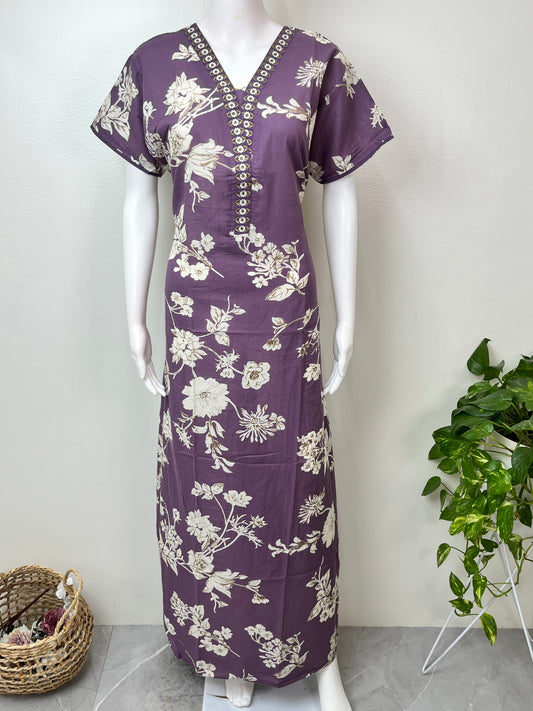 Purple Floral Printed Cambric Cotton Nighty