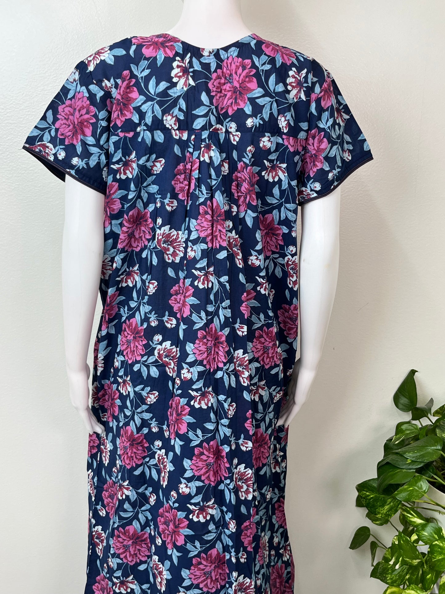 Navy Blue Pleated Style Cambric Cotton Nightgown