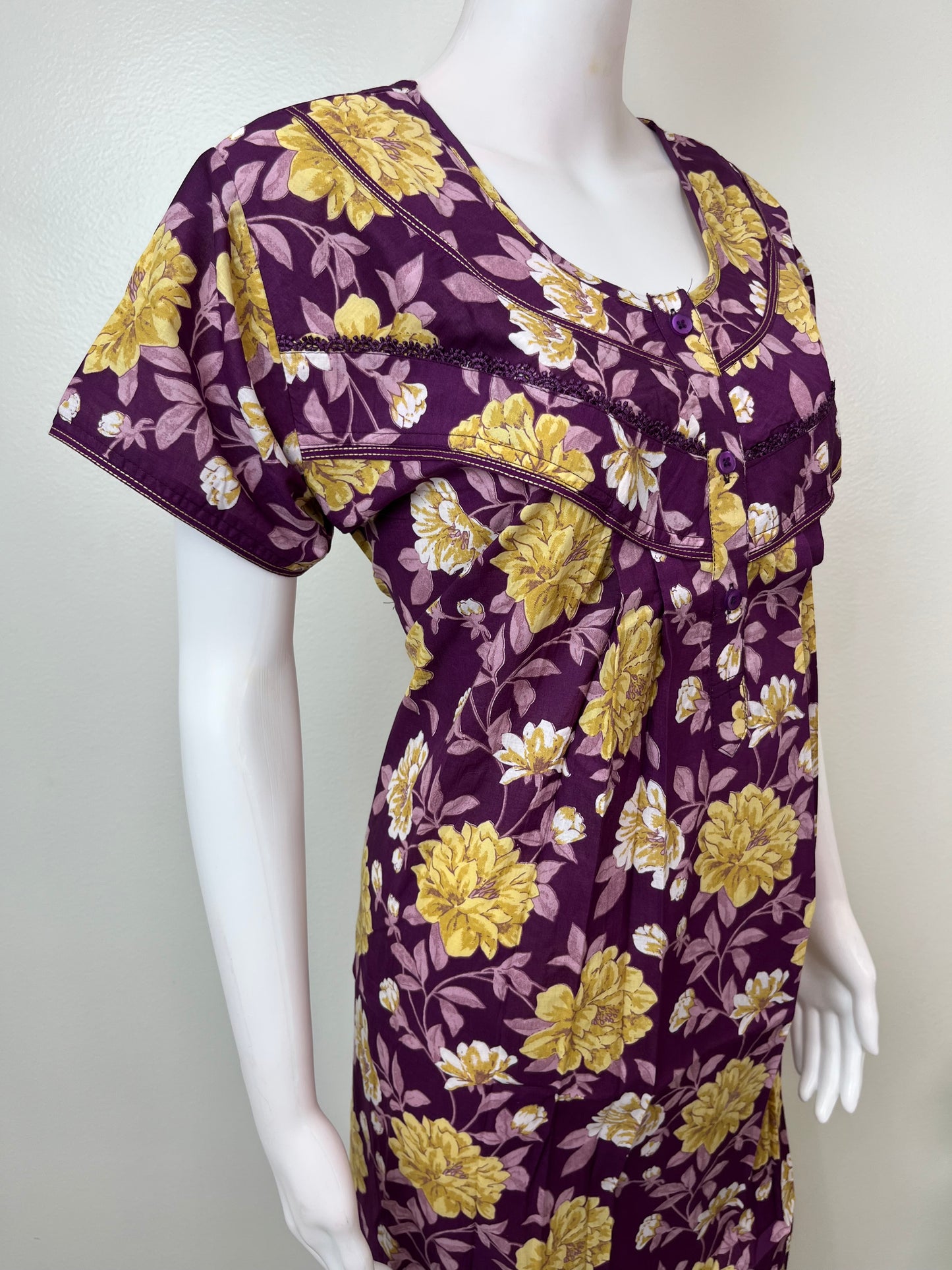 Purple & Yellow Cambric Cotton Women's Nightgown