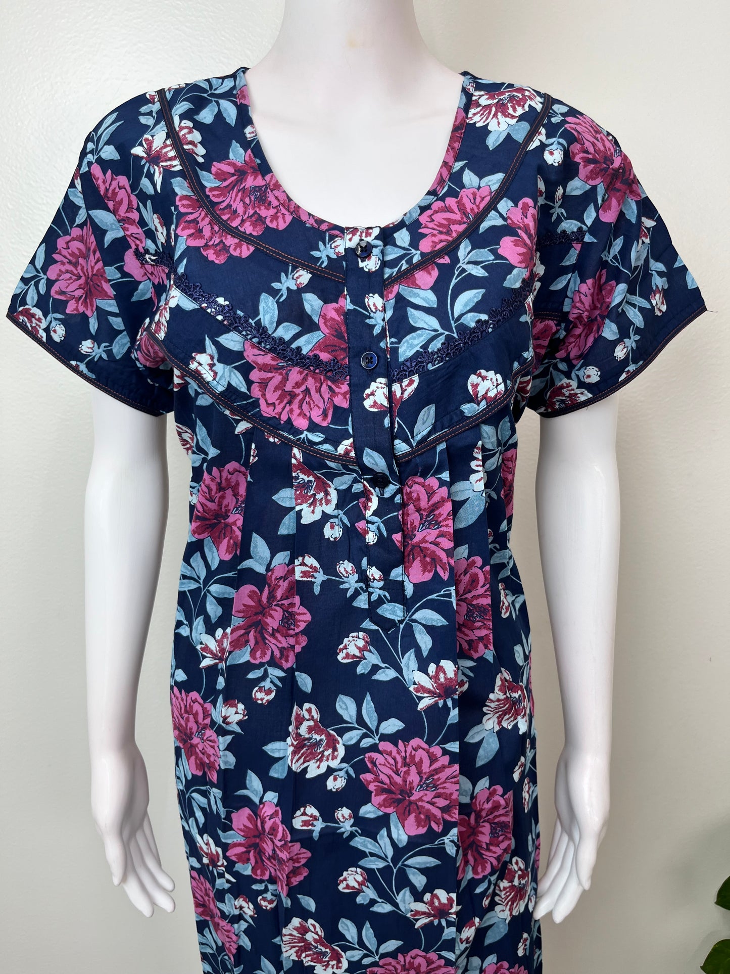Navy Blue Pleated Style Cambric Cotton Nightgown