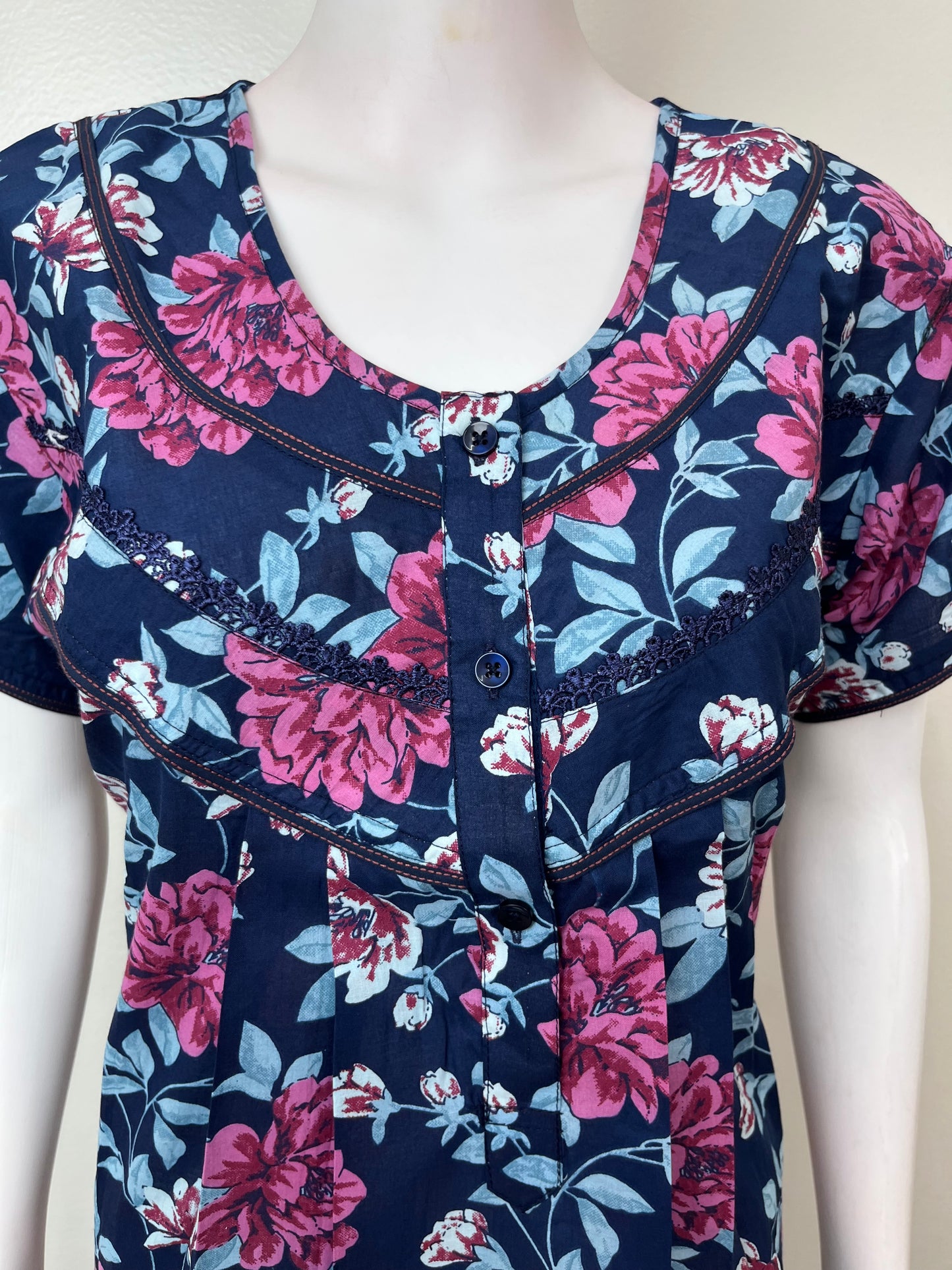 Navy Blue Pleated Style Cambric Cotton Nightgown
