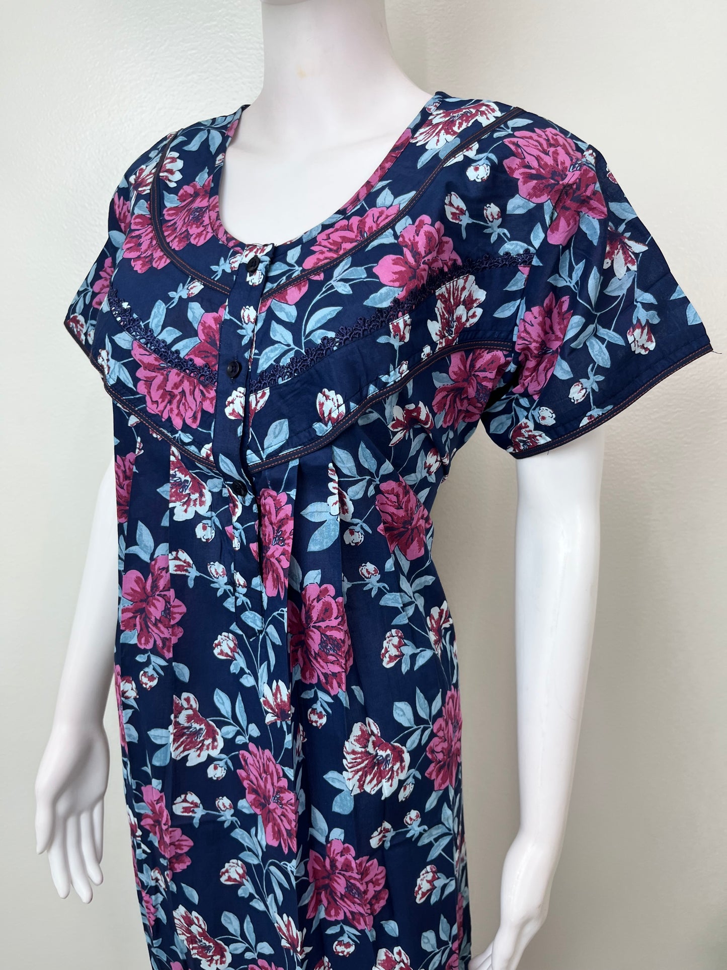 Navy Blue Pleated Style Cambric Cotton Nightgown