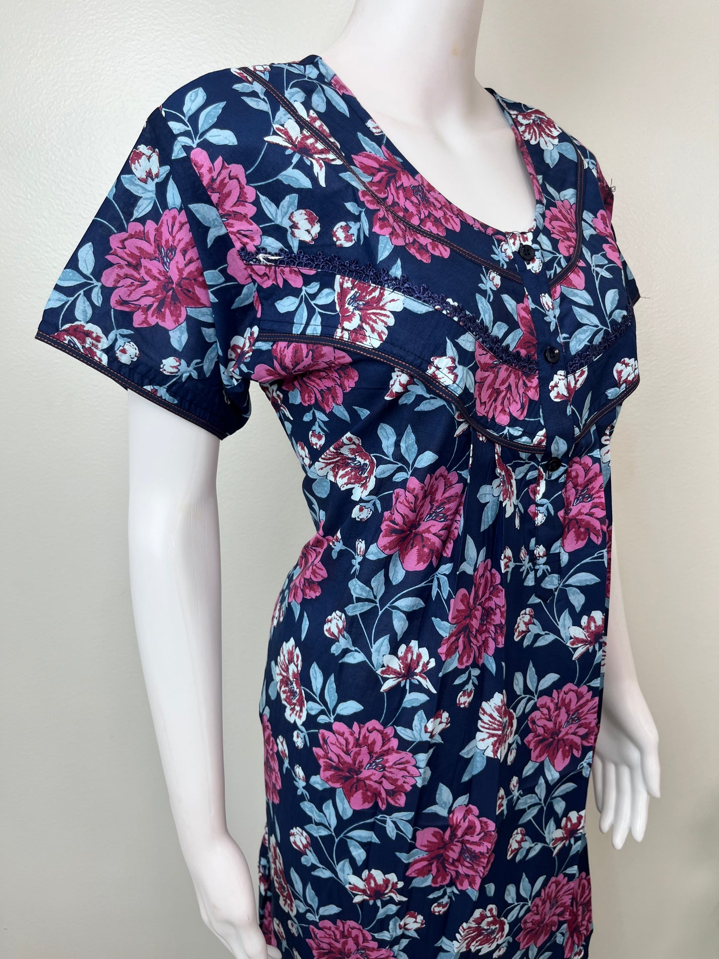 Navy Blue Pleated Style Cambric Cotton Nightgown