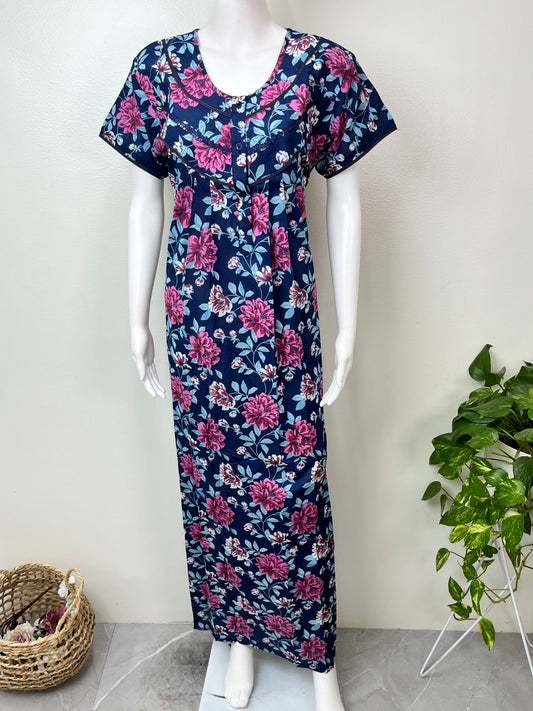 Navy Blue Pleated Style Cambric Cotton Nightgown