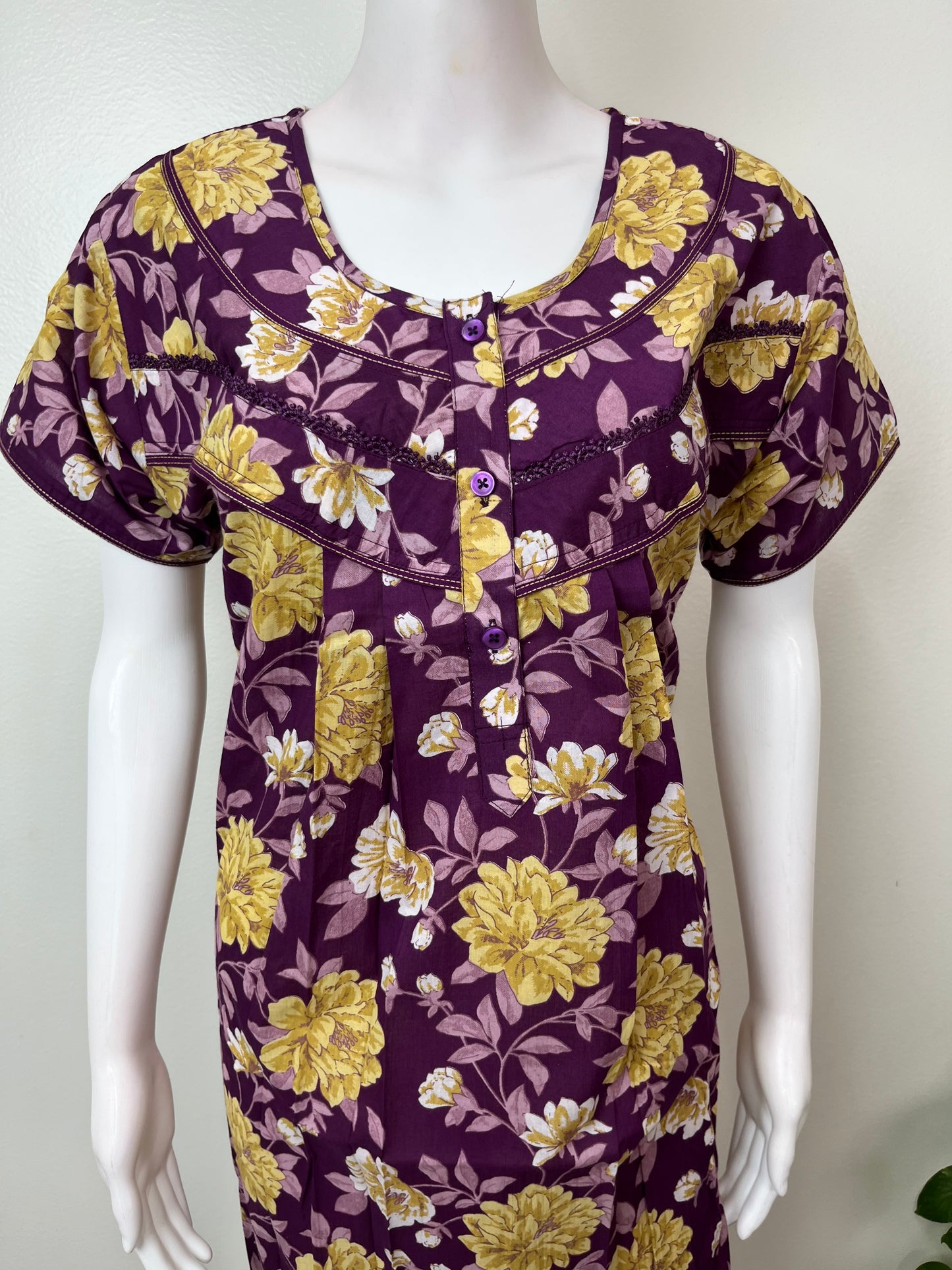 Purple & Yellow Cambric Cotton Women's Nightgown