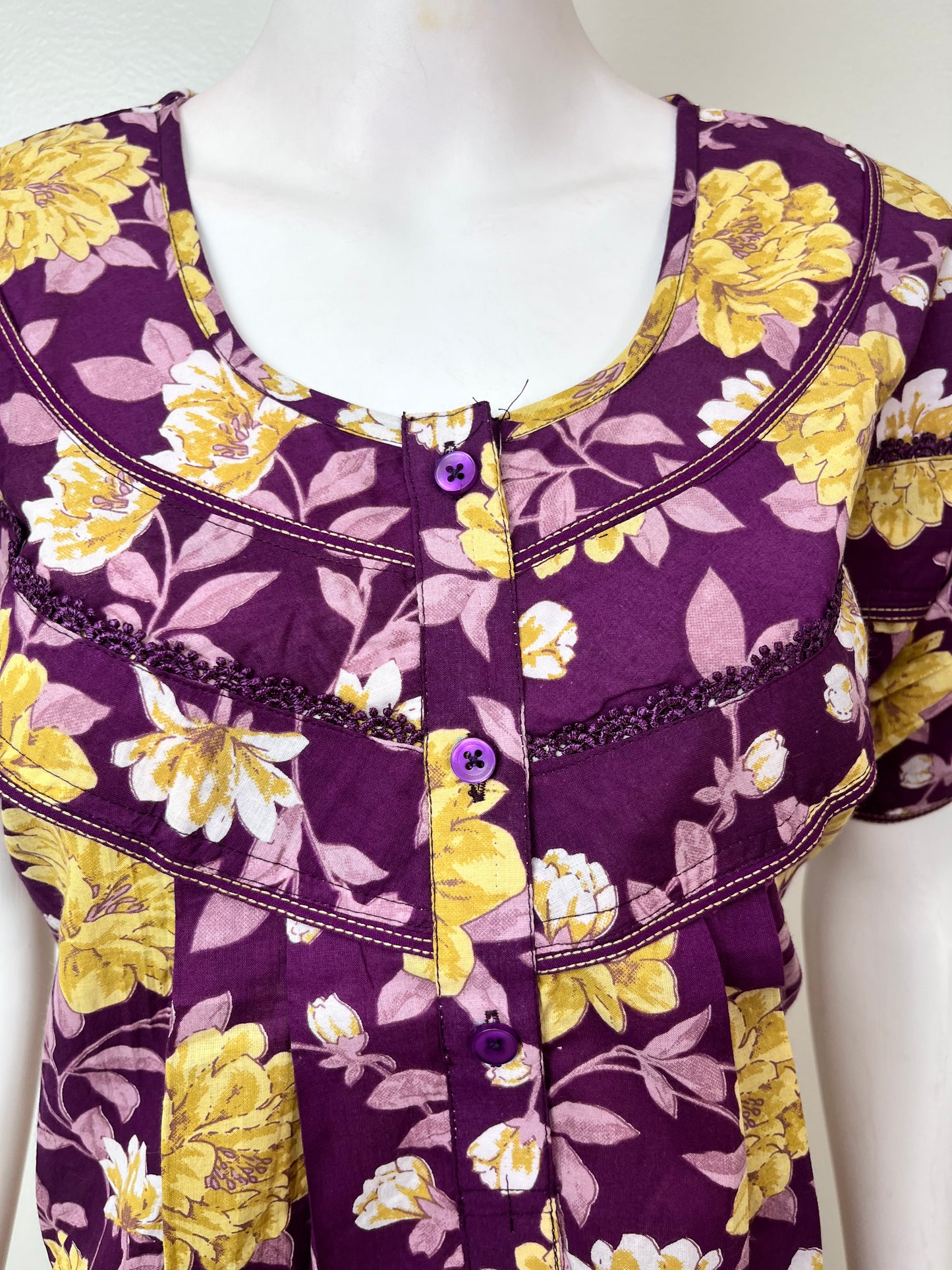 Purple & Yellow Cambric Cotton Women's Nightgown