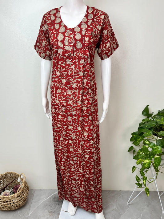 Maroon Pleated Cambric Cotton Nightgown for Women