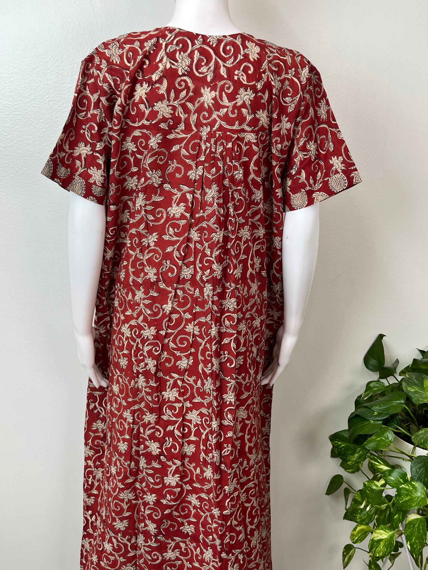 Maroon Pleated Cambric Cotton Nightgown for Women