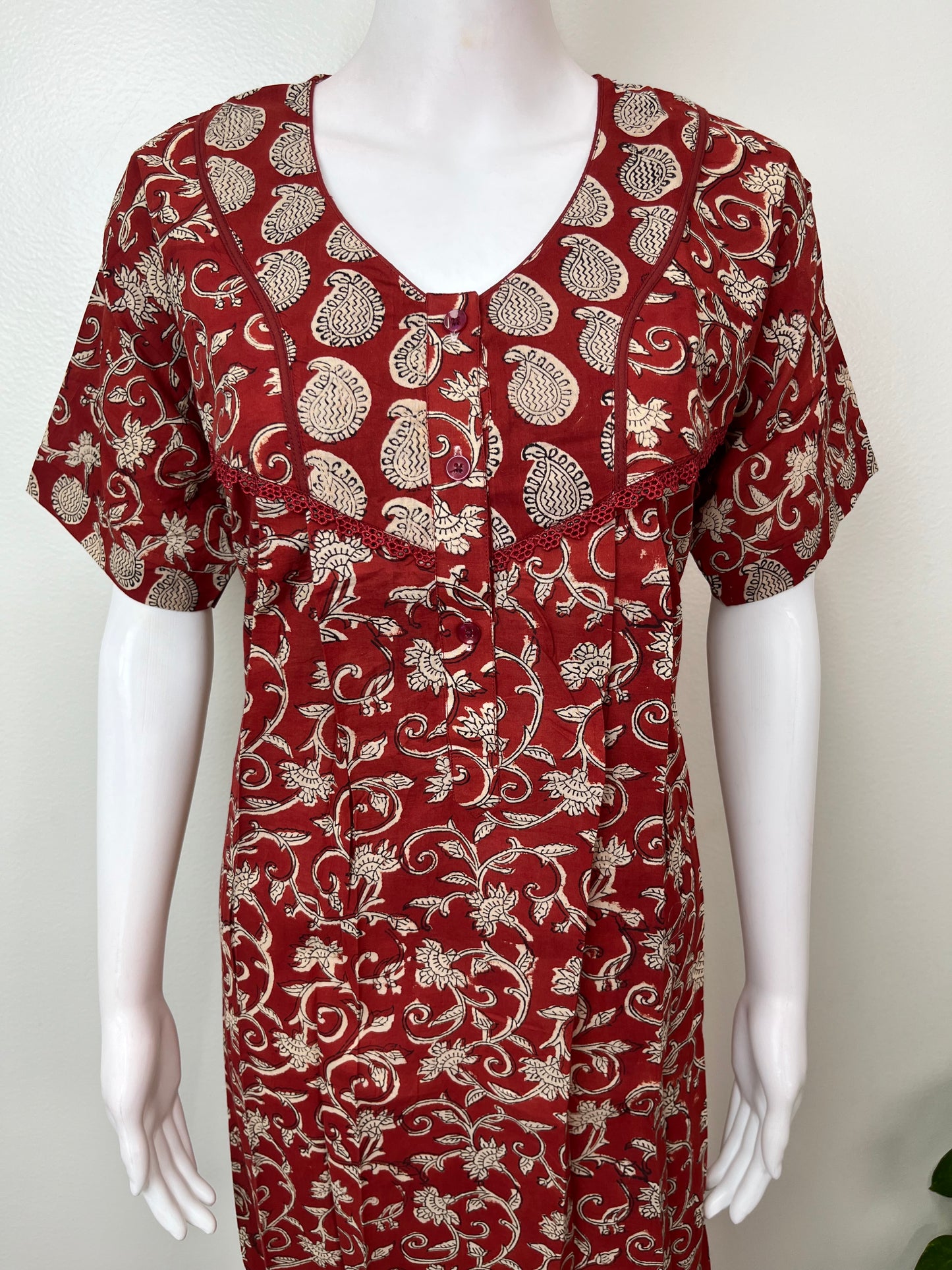 Maroon Pleated Cambric Cotton Nightgown for Women