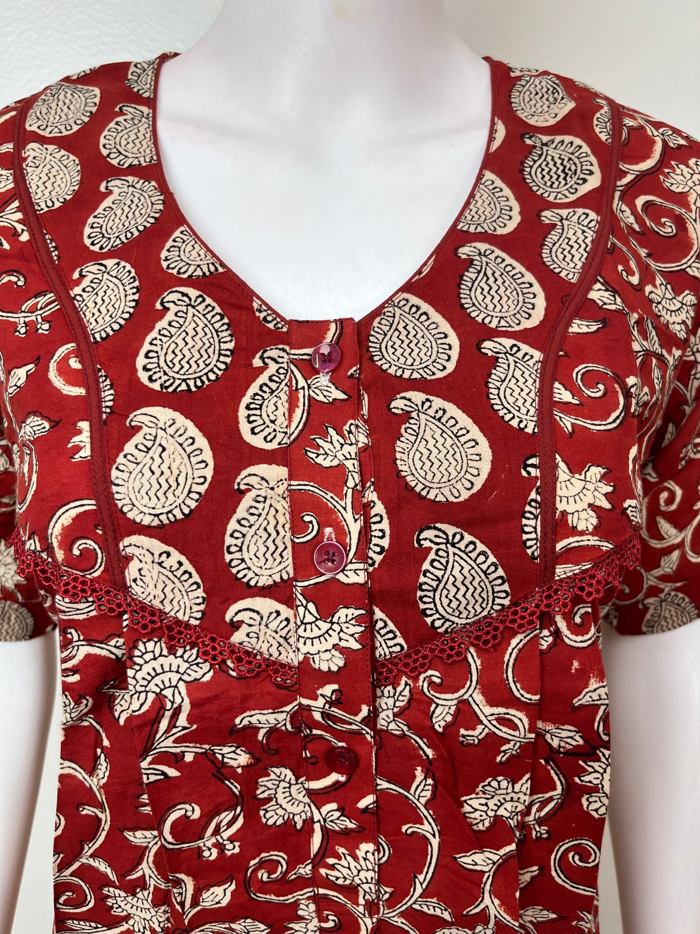 Maroon Pleated Cambric Cotton Nightgown for Women