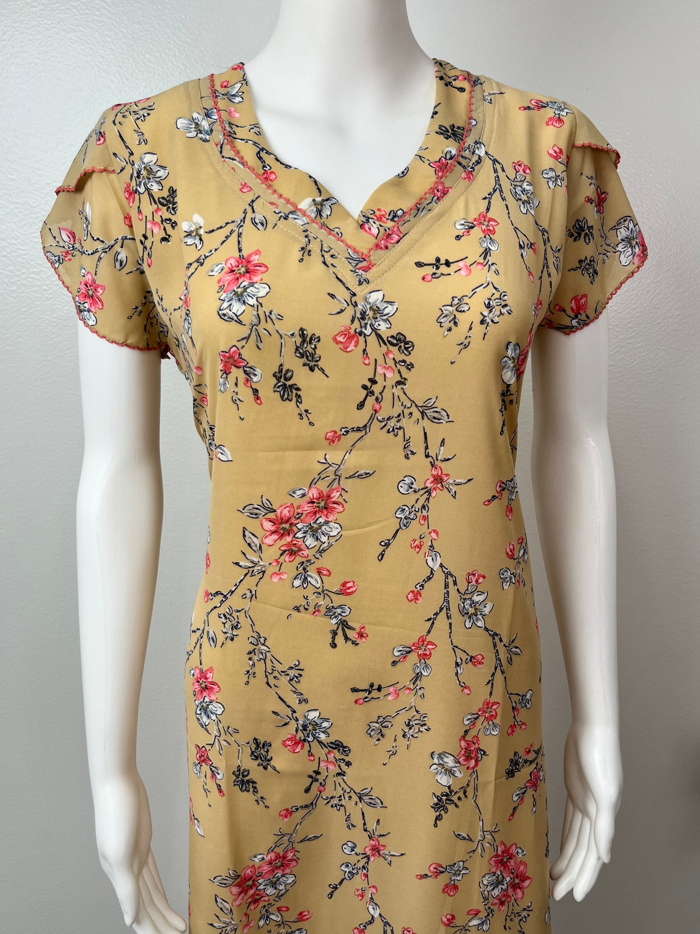 Mustard Charm Printed Chiffon Nightgown for Women