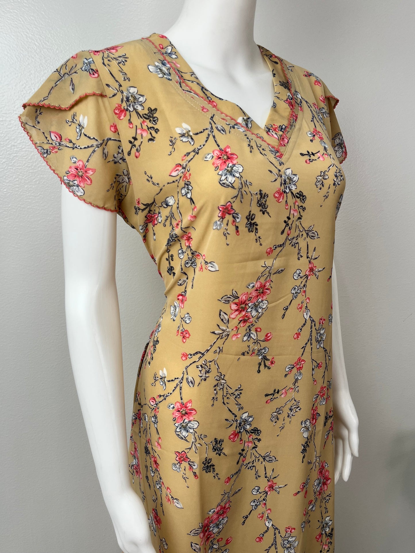 Mustard Charm Printed Chiffon Nightgown for Women