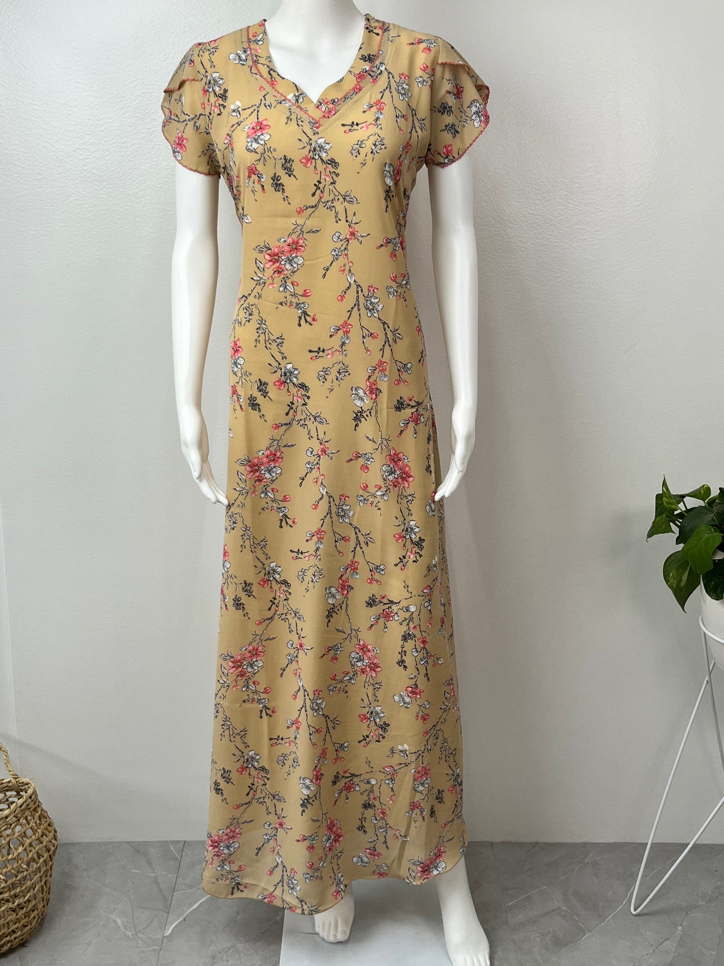 Mustard Charm Printed Chiffon Nightgown for Women