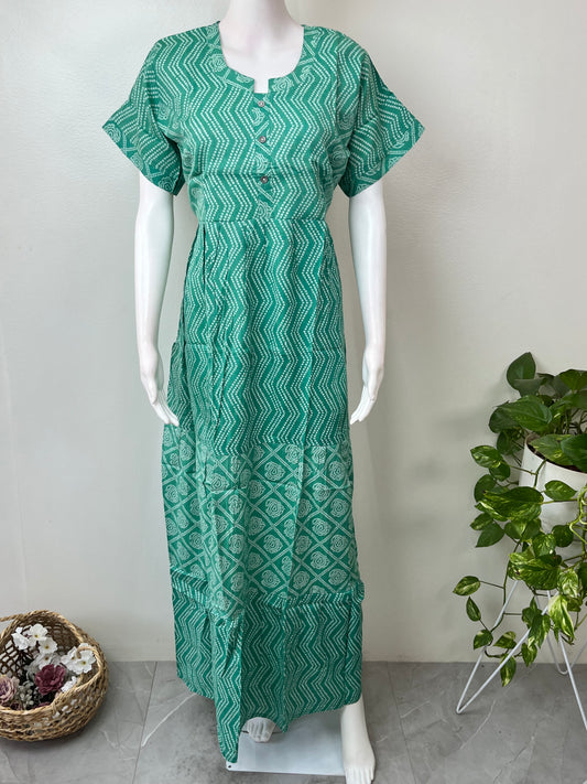 Green Bandhani Print Rayon Fabric Nighty