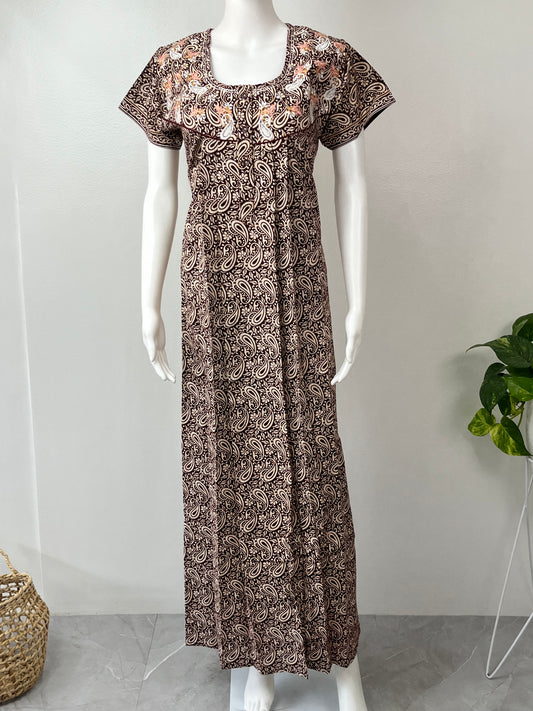 Brown Pure Cotton Embroidered Nightgown For Women