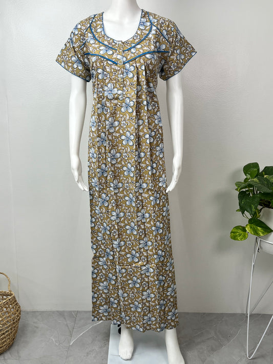 Olive Pure Cotton Contrast Printed Nighty for Women