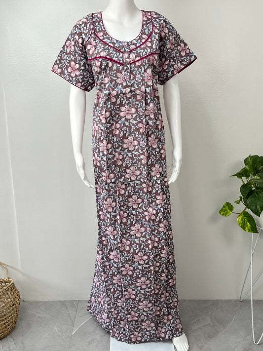 Mauve Floral Print Pure Cotton Nightgown Soft & Comfortable