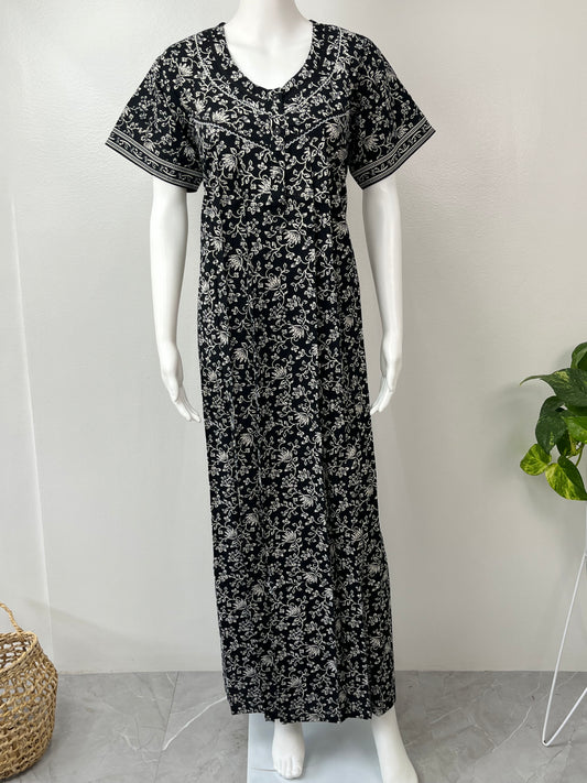 Black Pleated 100% Cotton Nighty for Women