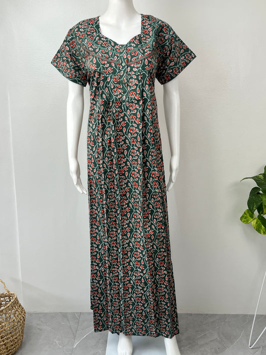 Forest Green Pure Cotton Nightgown Soft & Breathable