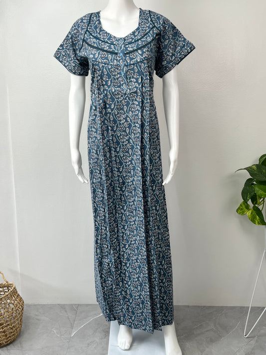Blue Floral Printed Pure Cotton Nightgown for Women
