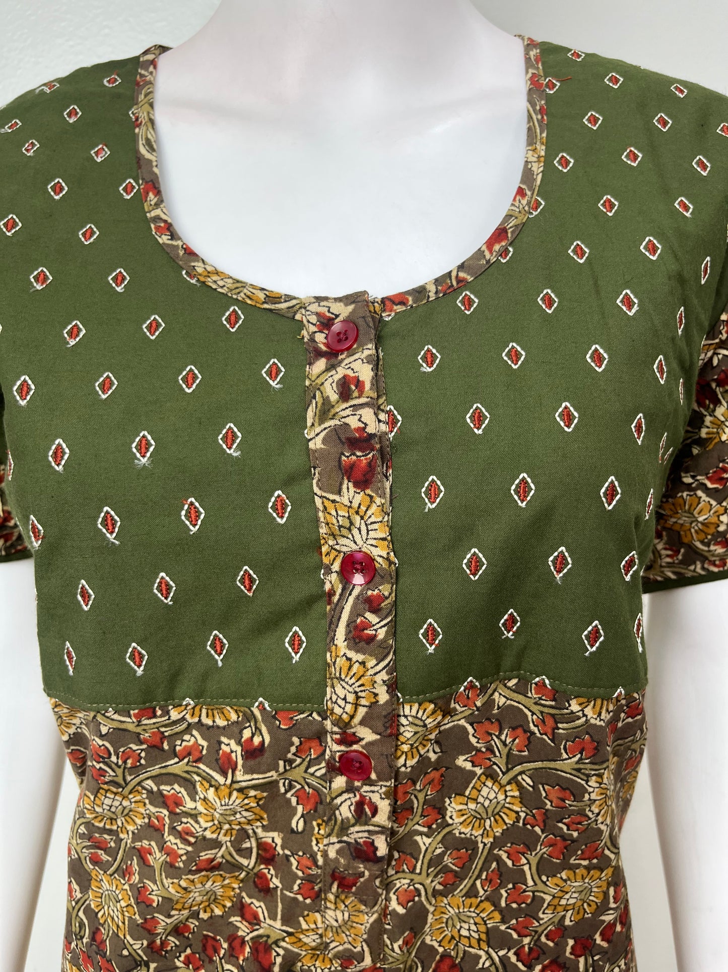 Olive Green Kalamkari Embroidered Nightgown