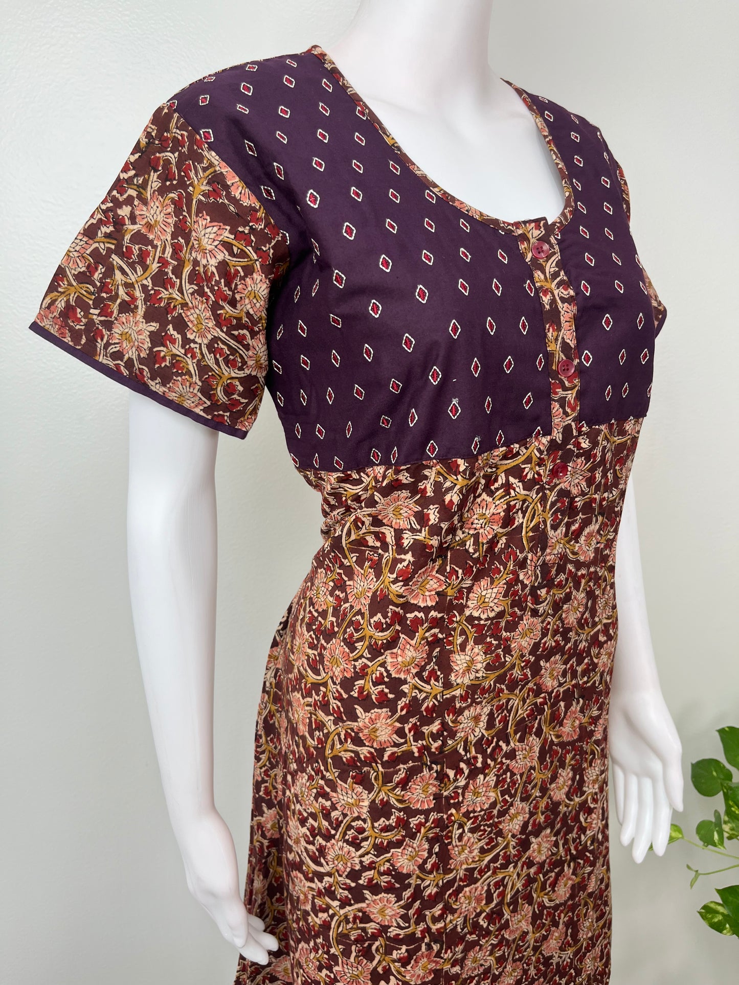 Brown Kalamkari Printed with Contrast Embroidery