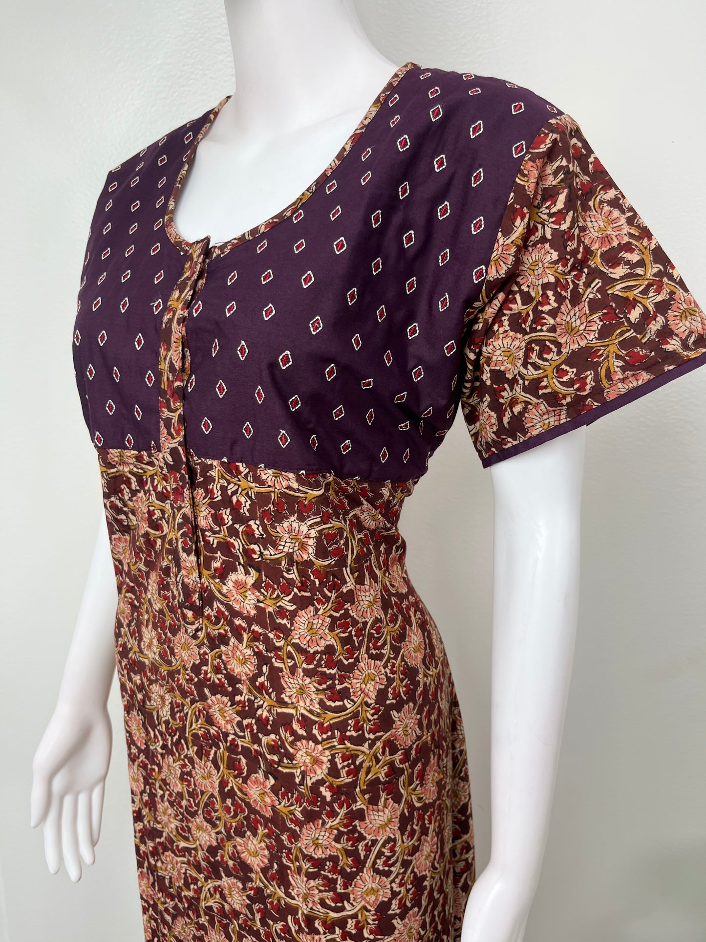Brown Kalamkari Printed with Contrast Embroidery
