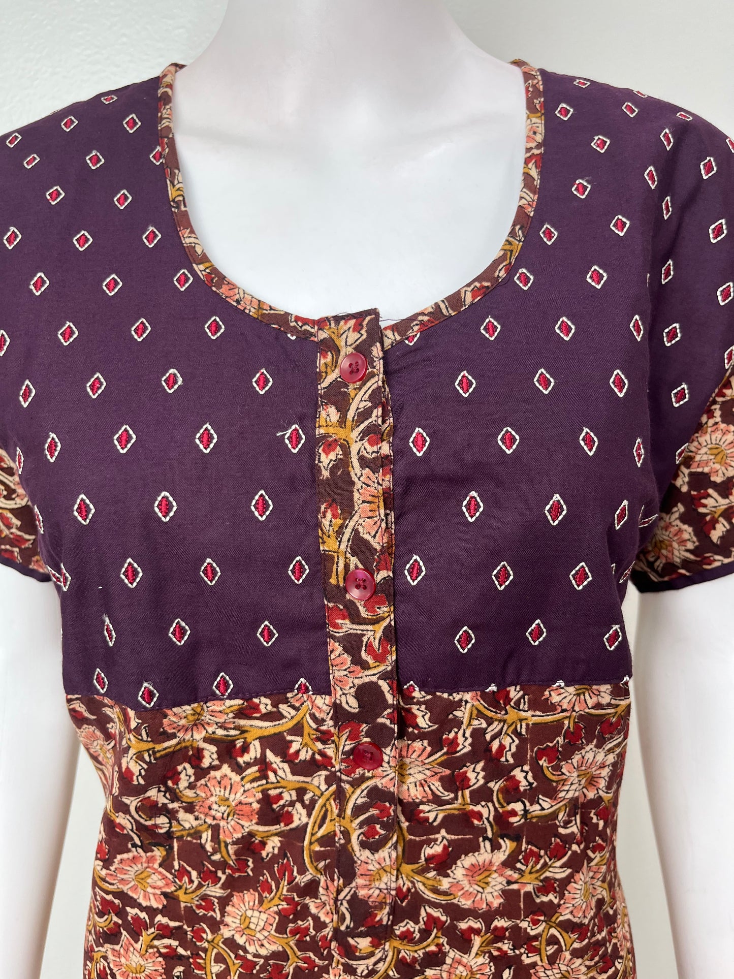 Brown Kalamkari Printed with Contrast Embroidery