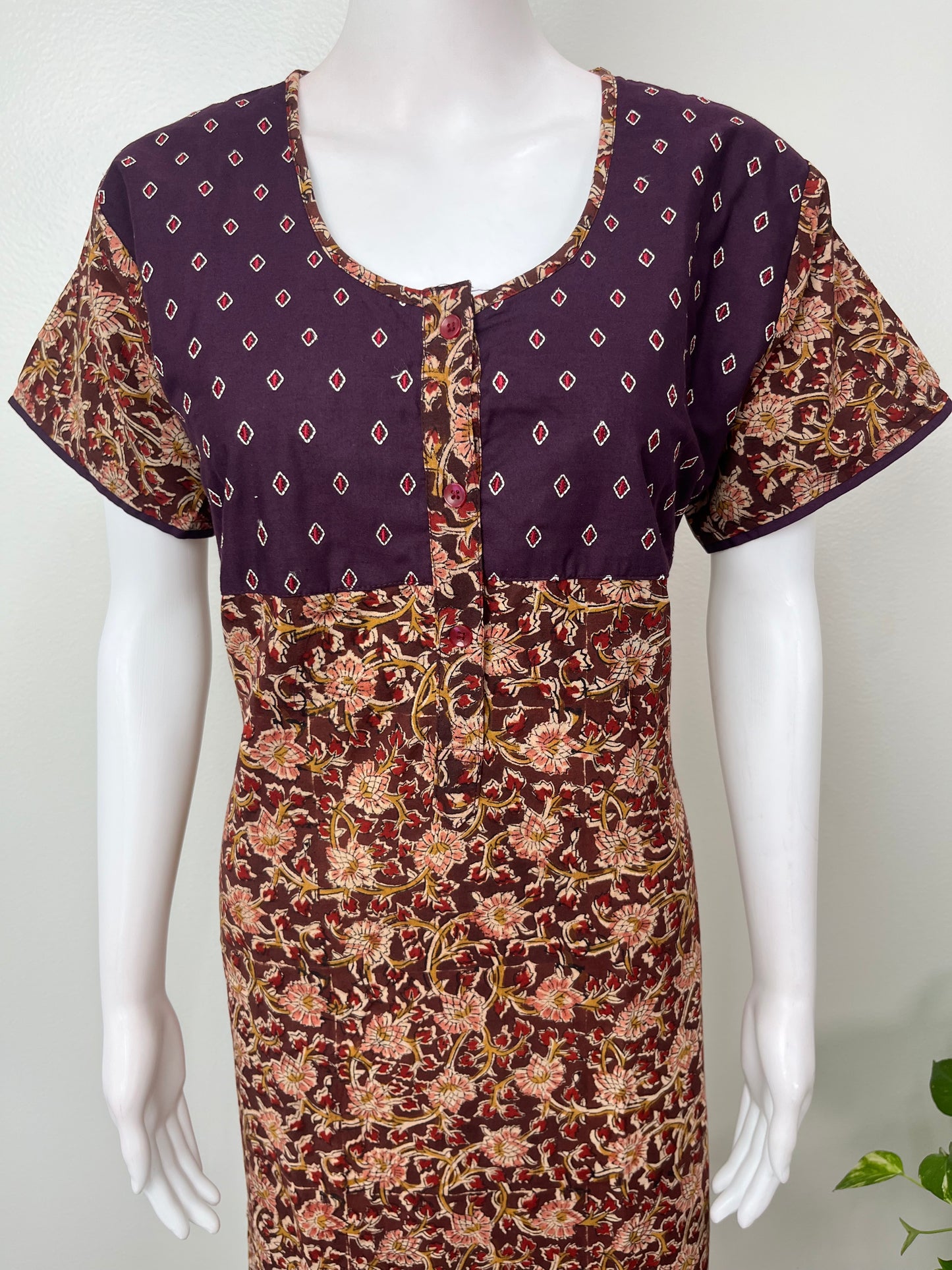 Brown Kalamkari Printed with Contrast Embroidery