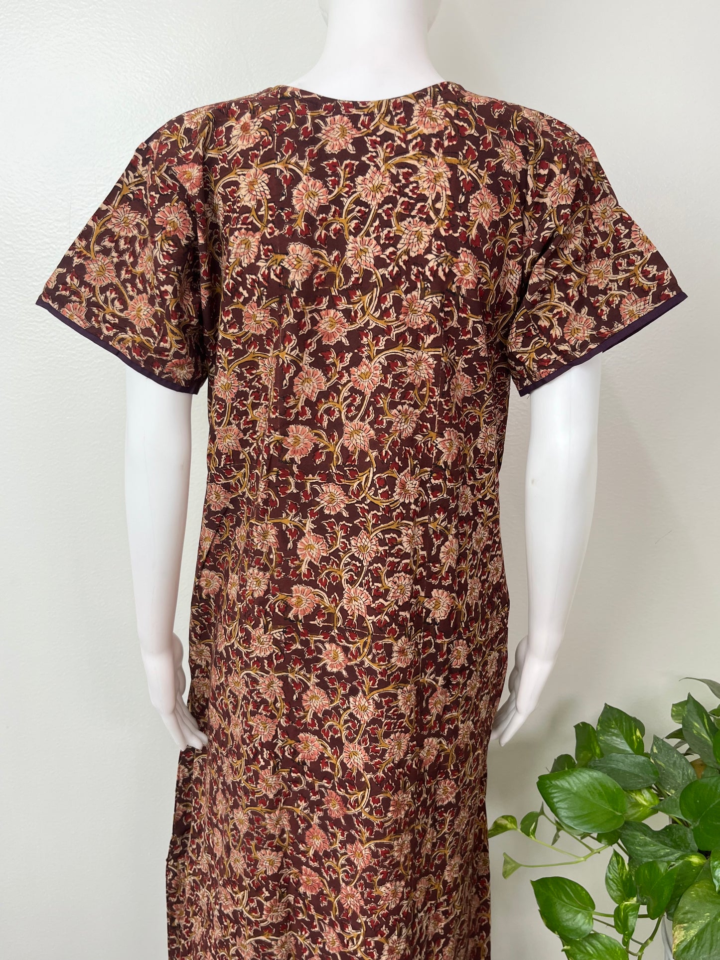 Brown Kalamkari Printed with Contrast Embroidery