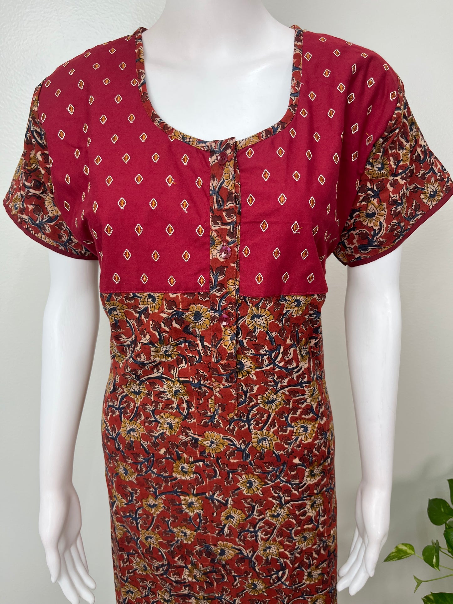 Maroon Pure Cotton Kalamkari Nighty