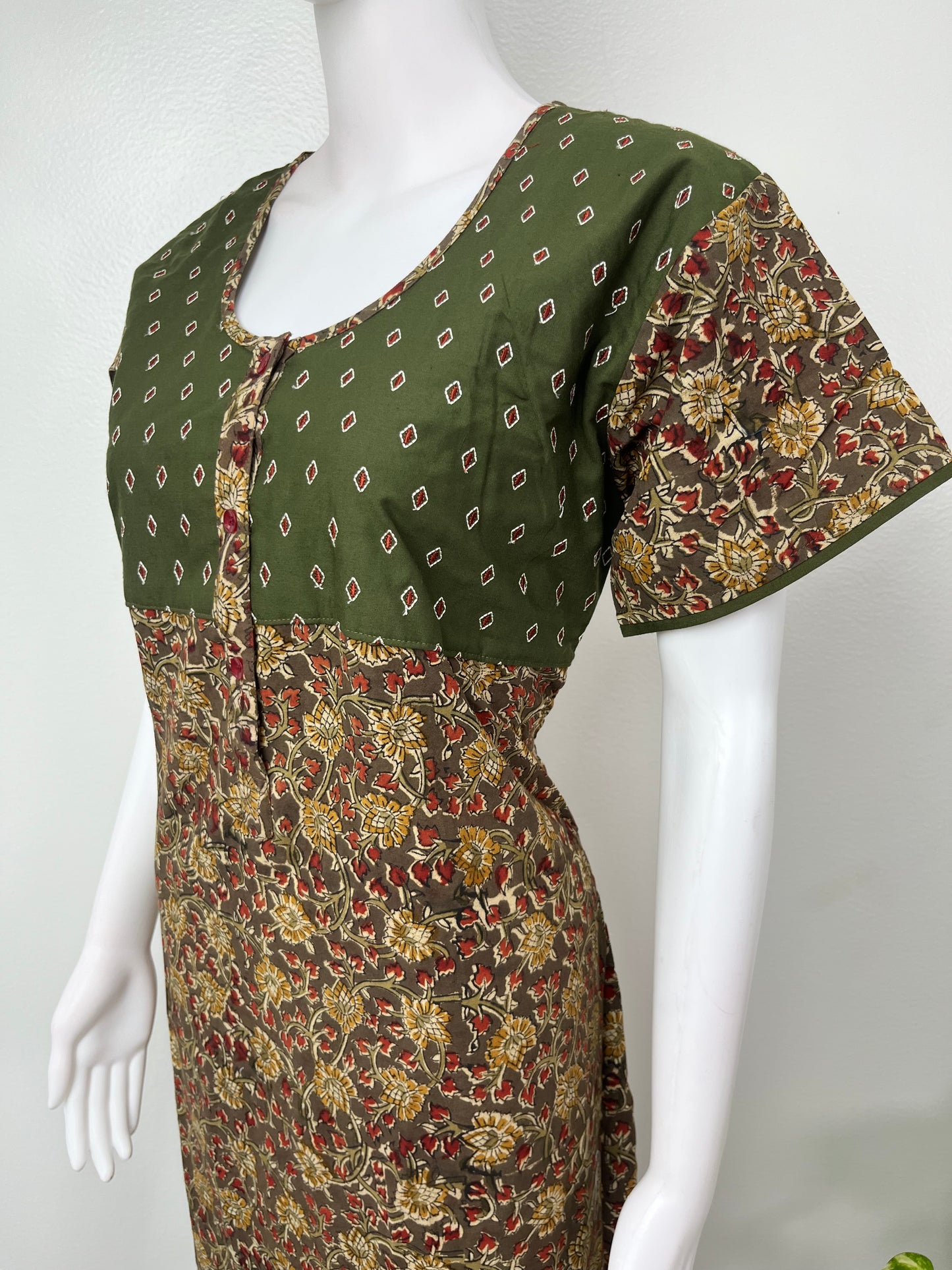 Olive Green Kalamkari Embroidered Nightgown