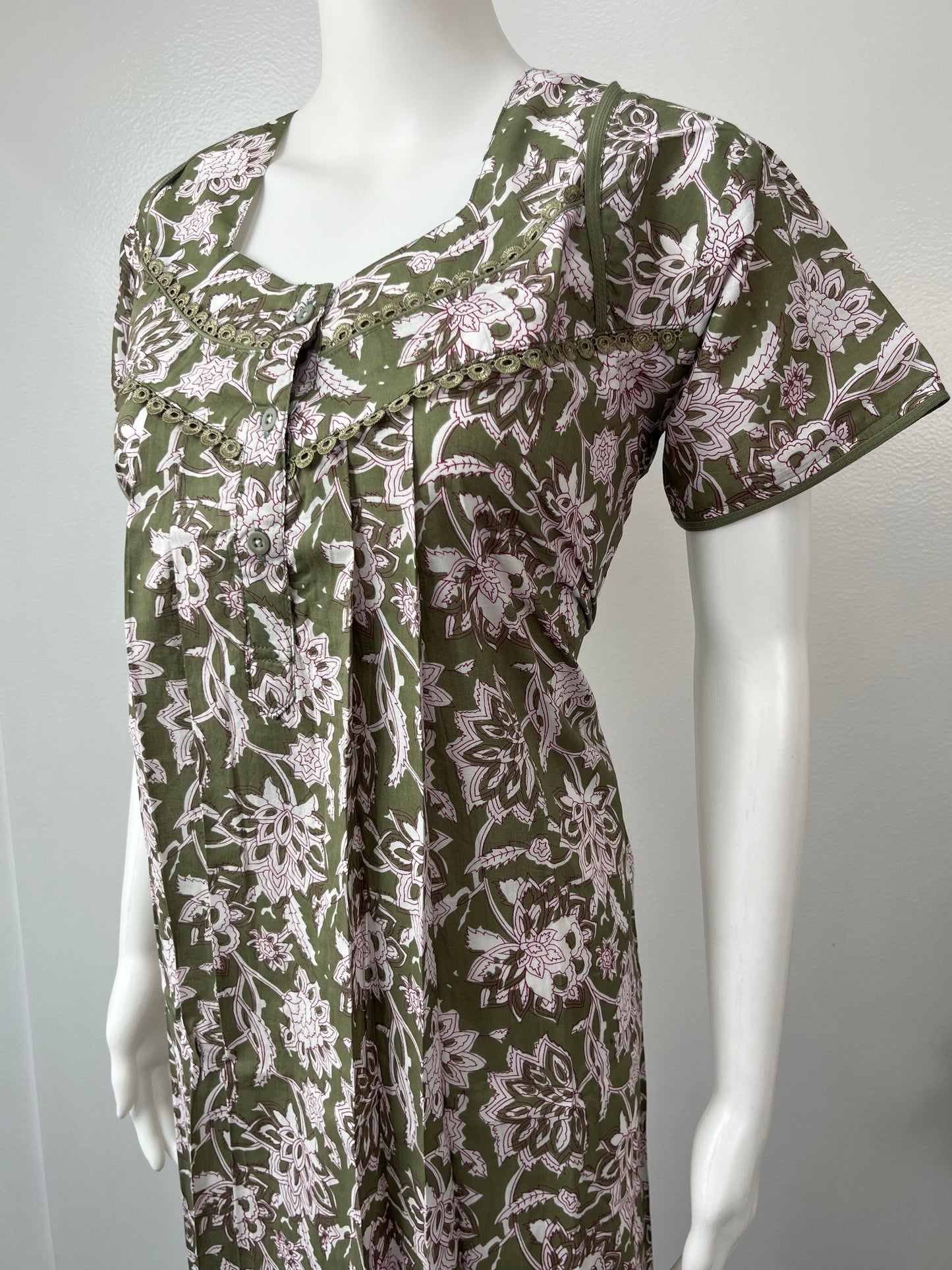 Olive Green Printed Pure Cotton Nightgown for Women