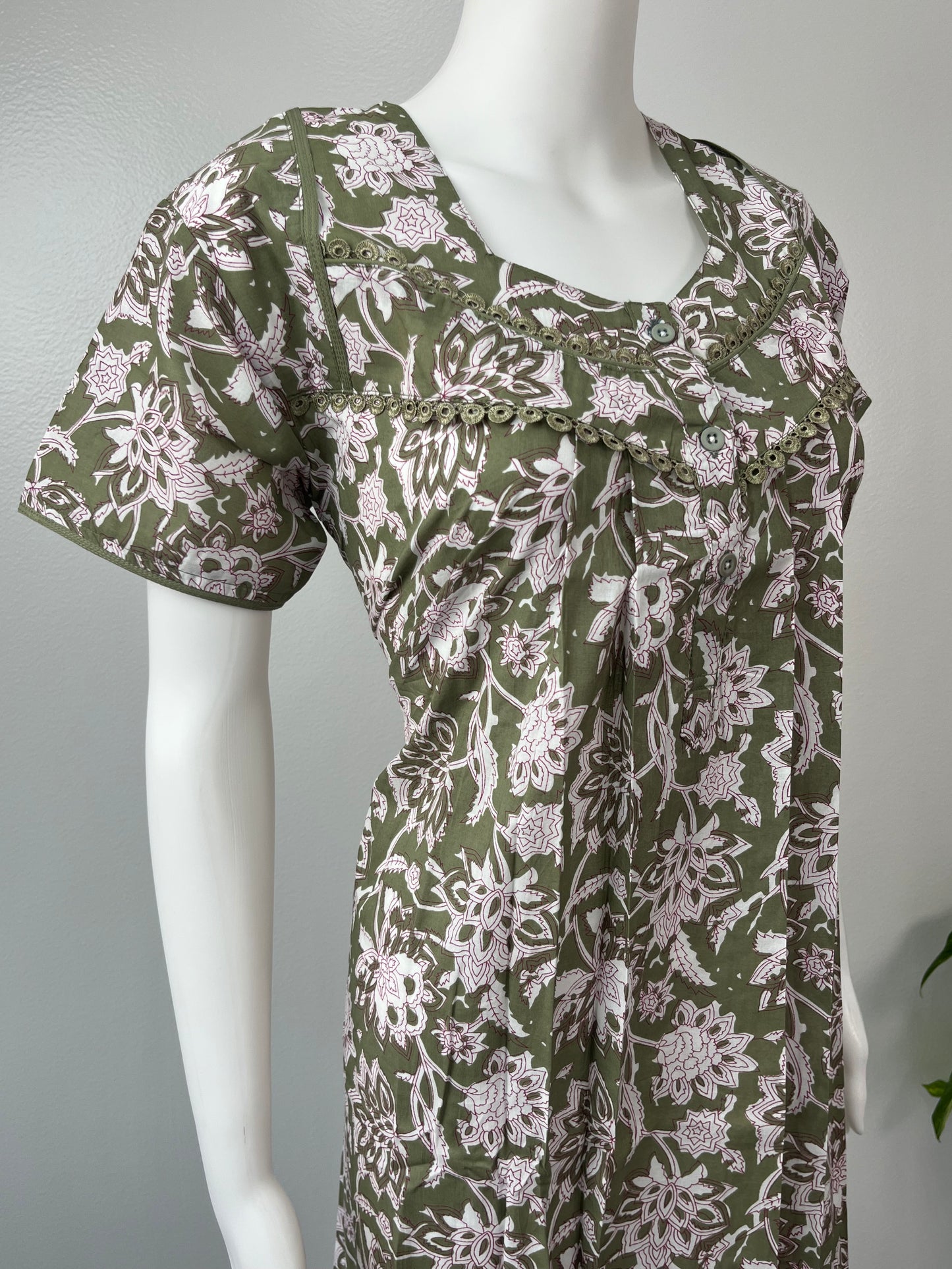 Olive Green Printed Pure Cotton Nightgown for Women