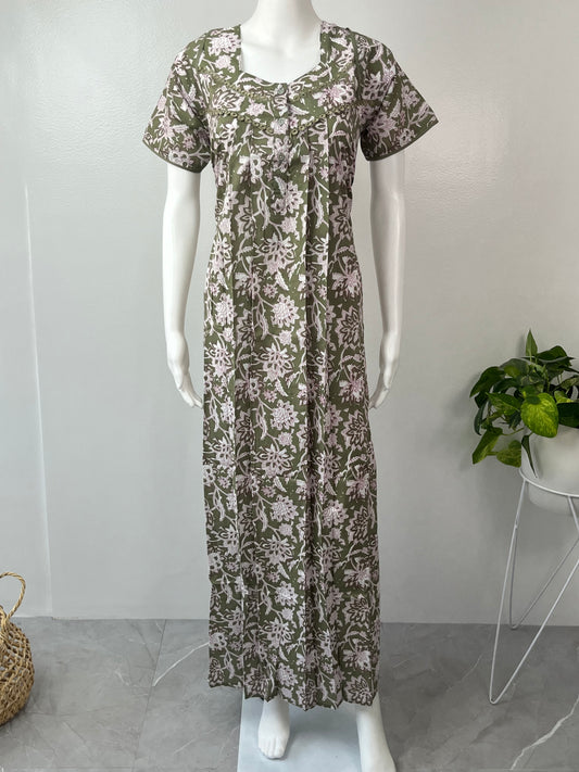 Olive Green Printed Pure Cotton Nightgown for Women