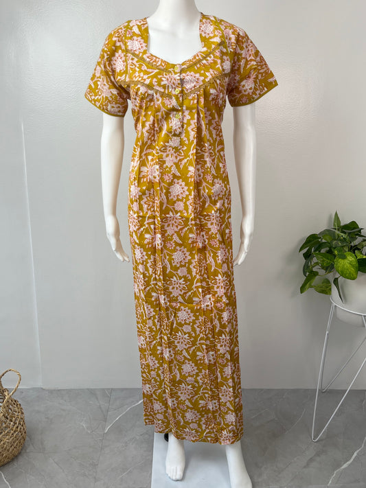 Mustard Floral Printed 100% Pure Cotton Nighty for Women