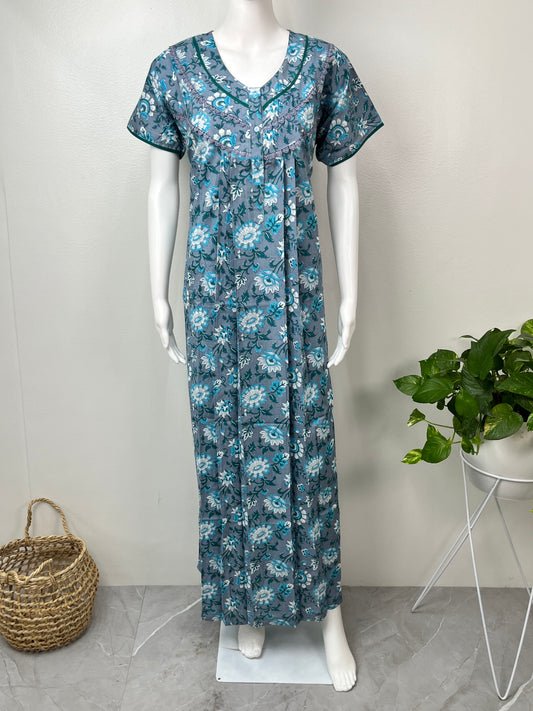 Grey Pure Cotton Nighty with Contrast Print