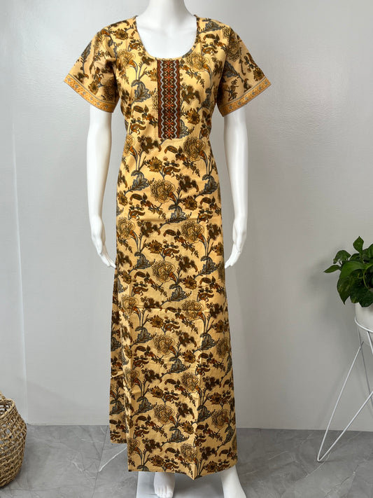 Yellow Printed A-Line Pure Cotton Nighty For Women