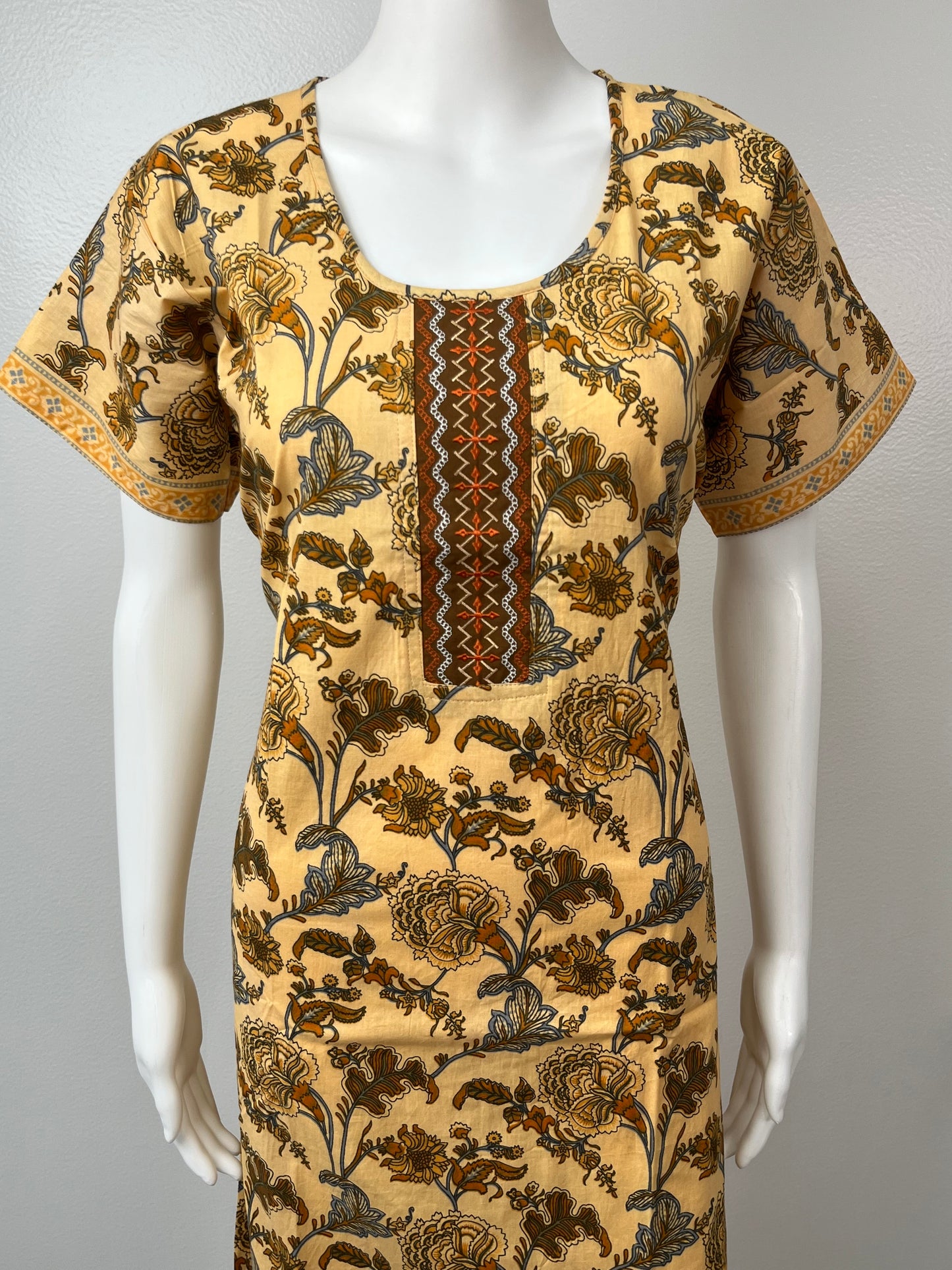 Yellow Printed A-Line Pure Cotton Nighty For Women