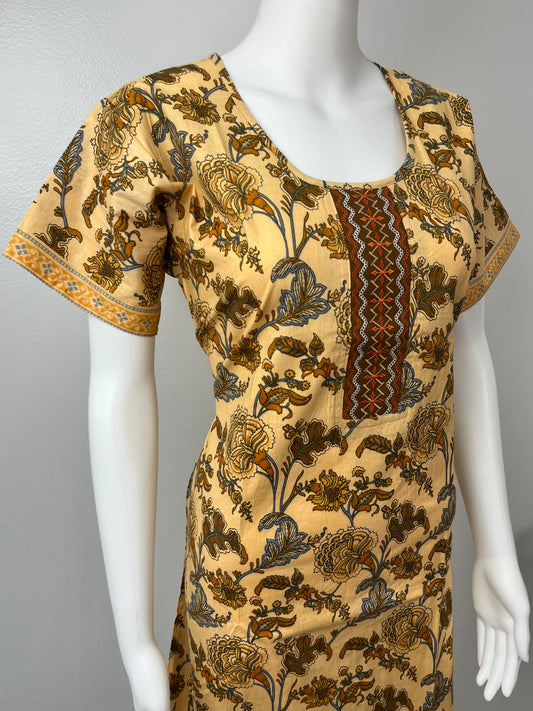 Yellow Printed A-Line Pure Cotton Nighty For Women
